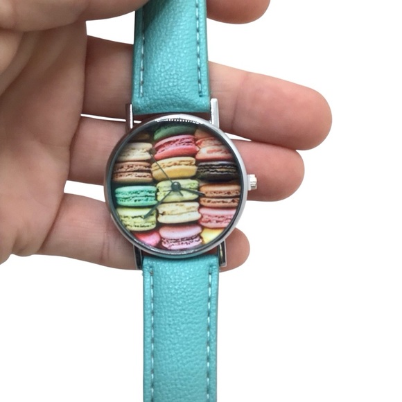 Women’s Analog Quartz Watch – Colorful Macaron Print Dial Aqua Blue Strap 35mm - Picture 2 of 4
